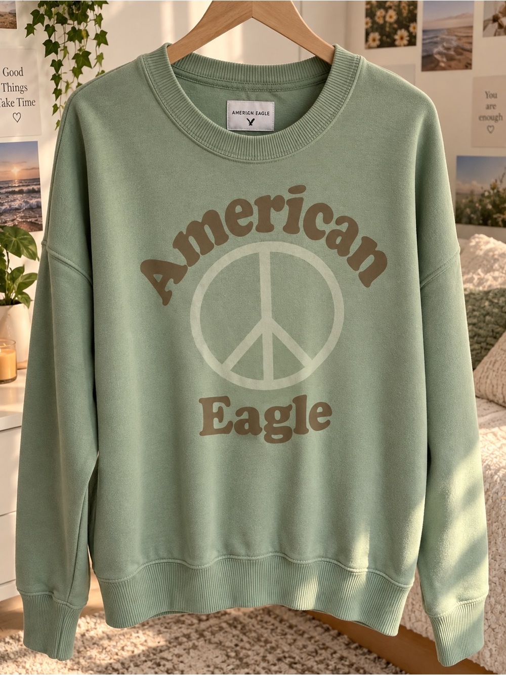 American Eagle Outfitters Sage Green Peace Graphic Crewneck Sweatshirt